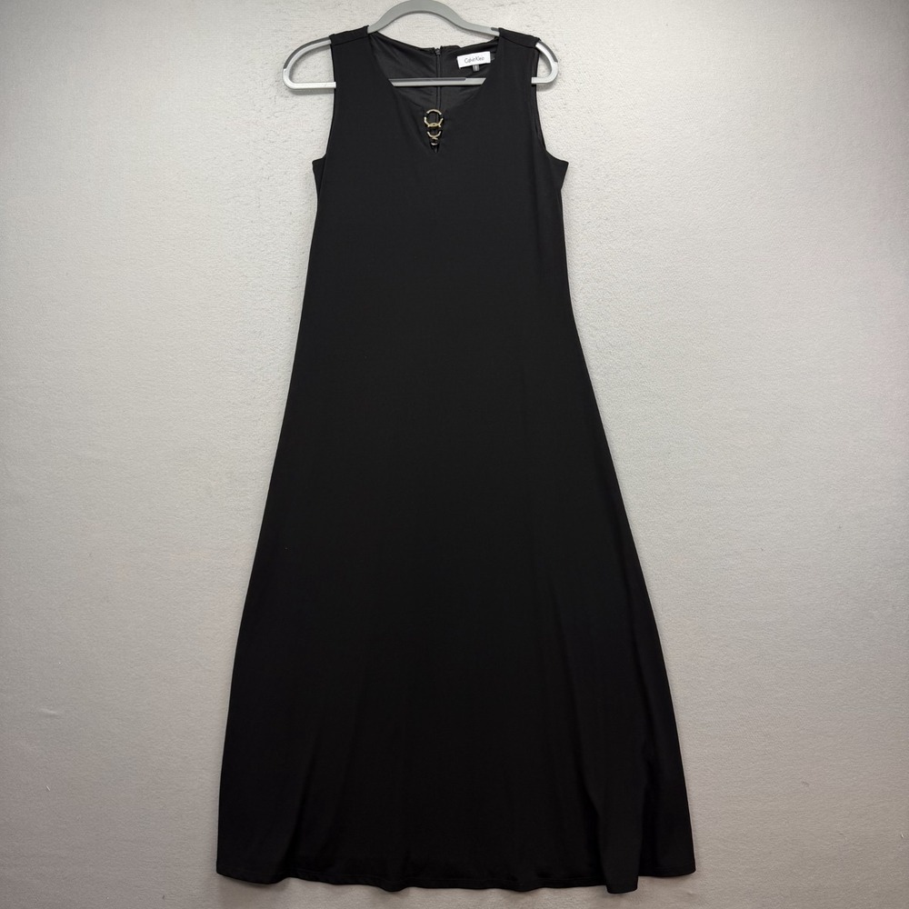 Calvin Klein Black Maxi Dress Women M Sleeveless Gold Ring Neck Keyhole Cocktail